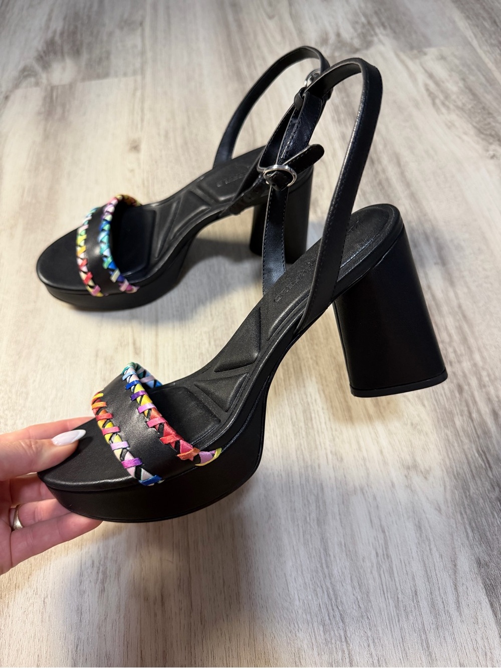 Karl Lagerfeld Black Block Heel Sandals with Multicolor Braided Strap